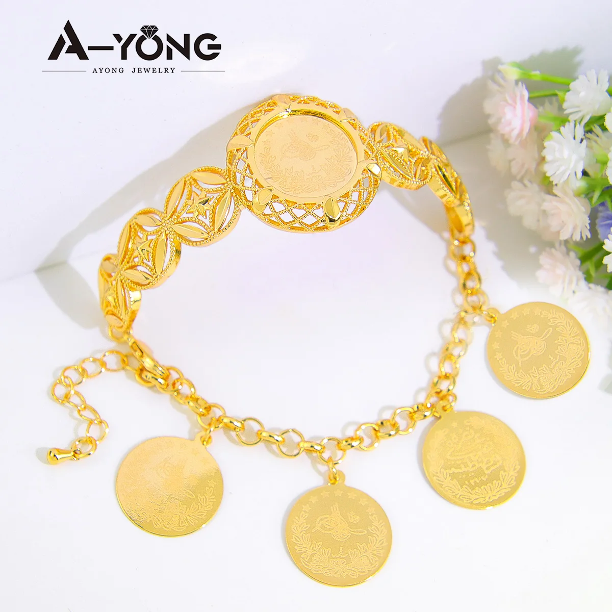 Arabisch vergoldet Münzen Armband 21k Gold Farbe italienische Vintage Charm Armreifen Dubai Frauen Ramadan Party Schmuck – Detail 1