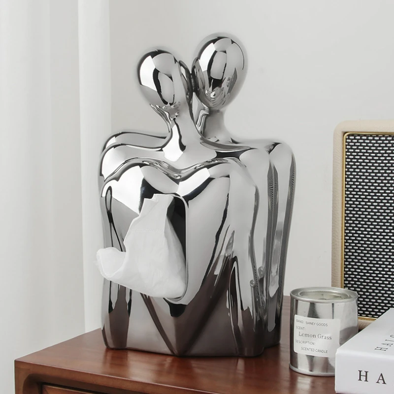 

Creative Couple Ceramic Tissue Box for Dinning Table Foyer Bedside Ink Modern Luxury Paper Holder Handcrafts Silver Wedding Gift