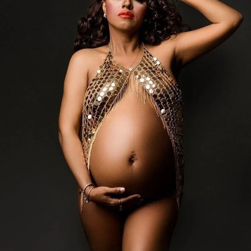 

Sexy Maternity Photography Props Maternity Dresses For Photo Shoot Women Metal Sequin Body Chain Belly Goddess Crystal Crown