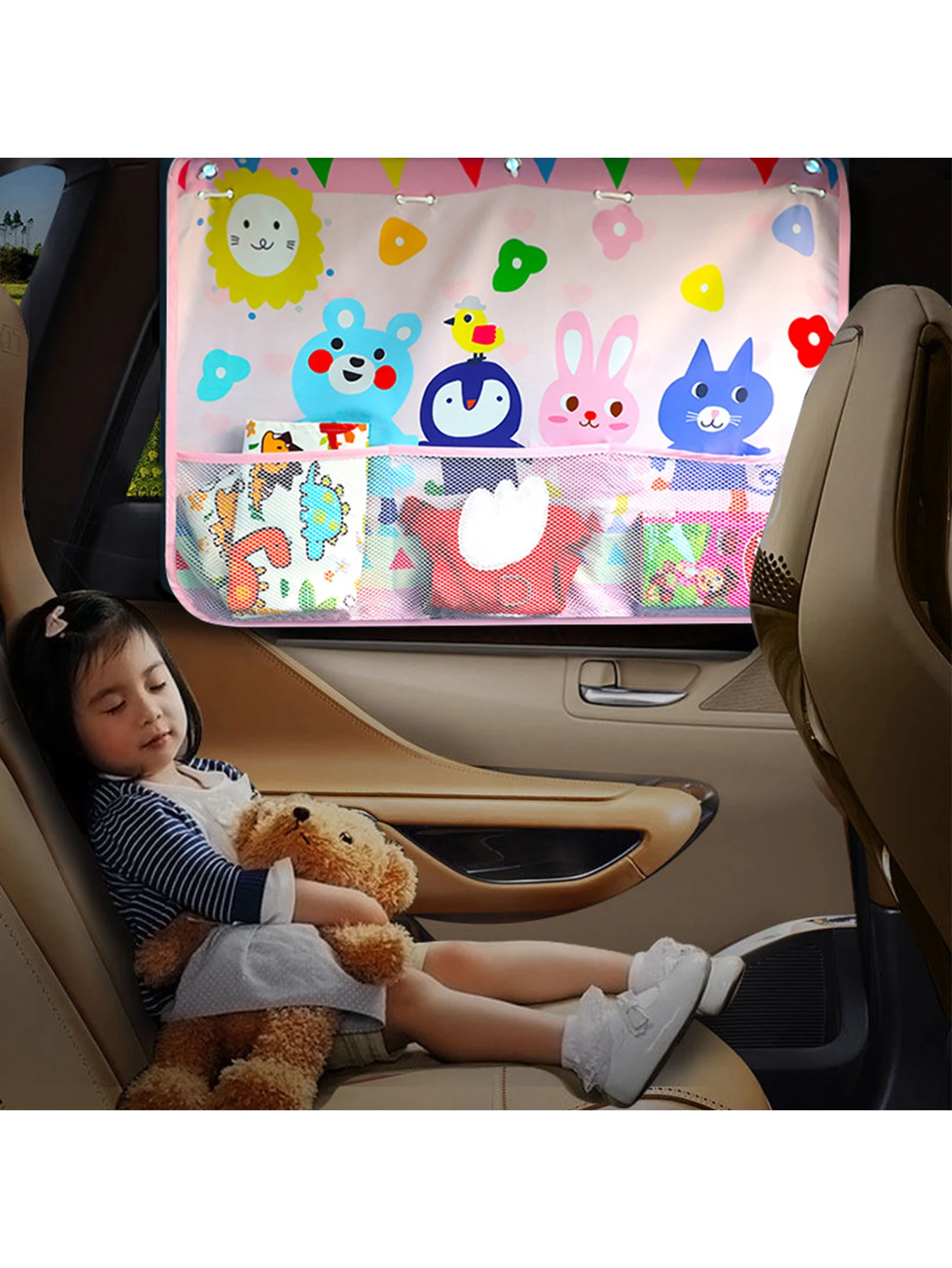 Car Sunshade with Mesh Pocket Storage Sun Protection Storage Bag Baby Sun Protection Shade Retractable Heat Shield