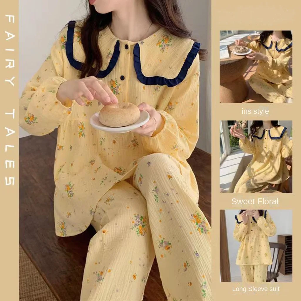 

Flower Doll Neck Pajamas for Women's Autumn New Sweet Girls Homewear Long Sleeve Spring Home Pijama Set Yellow Female Loungewear