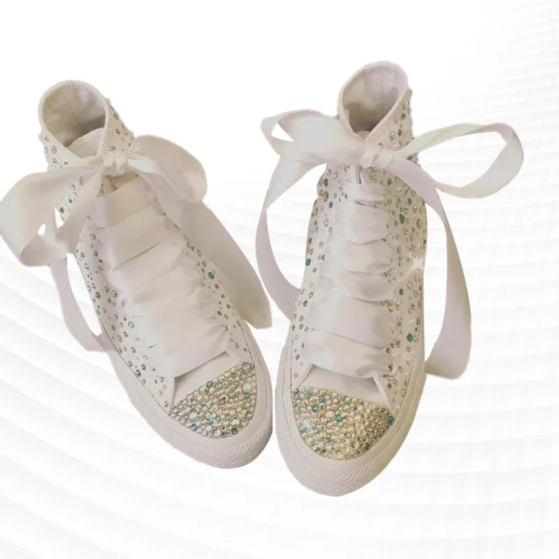 

White high top color rhinestones ribbon accessories custom style canvas shoes integrated sports casual shoes women's shoes 35-40