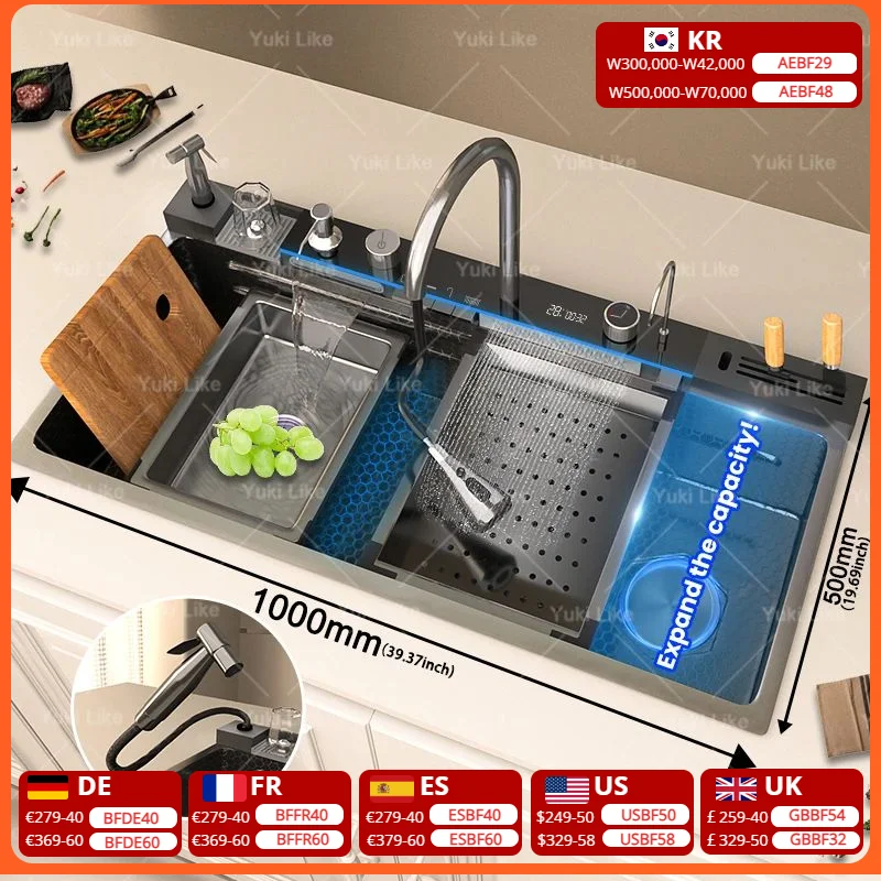 อ่างล้างจานสแตนเลสแบบมีน้ำตก ขนาดใหญ่พิเศษ ช่องเดียว พร้อมหน้าจอดิจิตอล ขนาด 100x50 ซม. 1