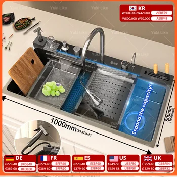 อ่างล้างจานสแตนเลสแบบมีน้ำตก ขนาดใหญ่พิเศษ ช่องเดียว พร้อมหน้าจอดิจิตอล ขนาด 100x50 ซม. 1