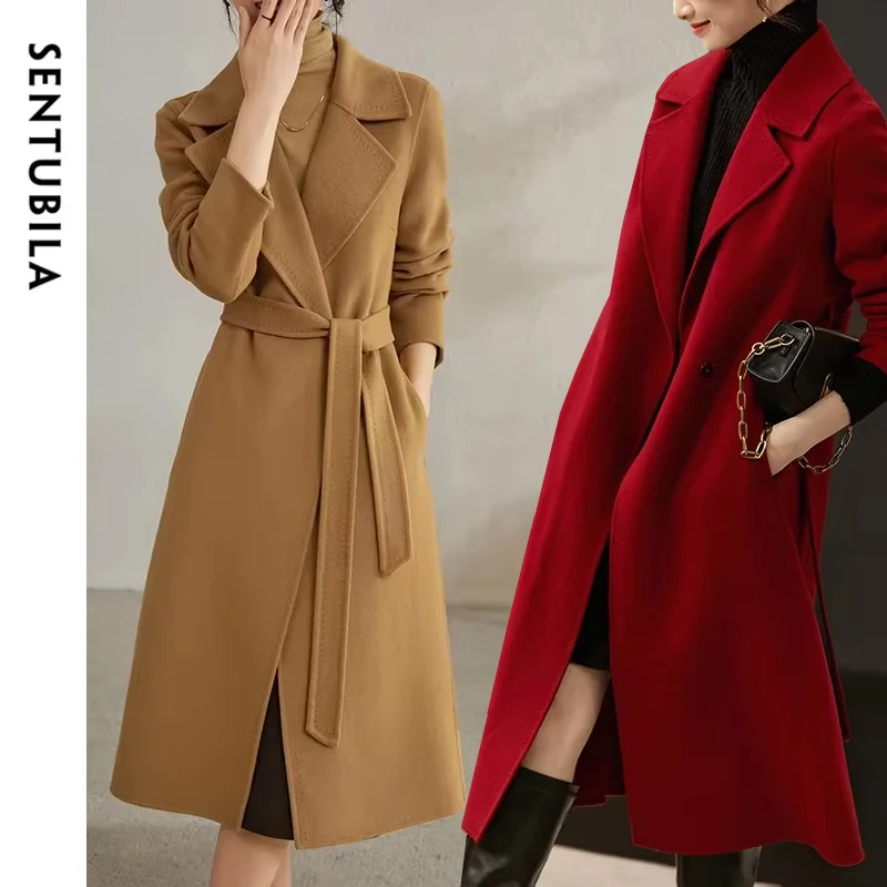 DOUBLE CLOTH Super160’ s WOOL LONG COAT SENTUBILA Women 100% Wool Long Wrap Coat 2025 Elegant Notched