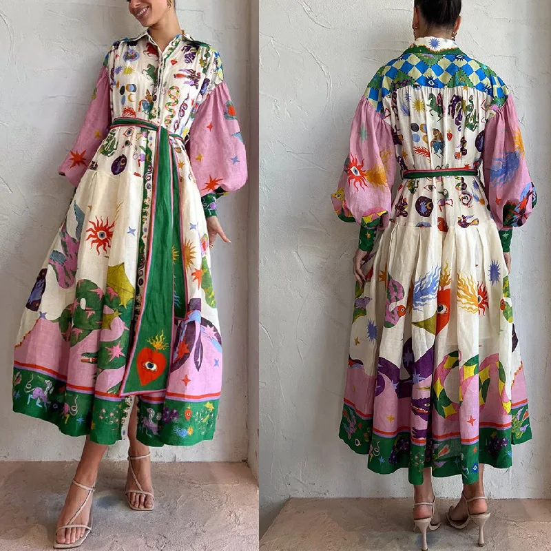 

Dresses Women's 2023 New Retro Court Style Pleated Oversized Printed Long-sleeved Loose Dress Vestidos De Mujer Evening Dresses
