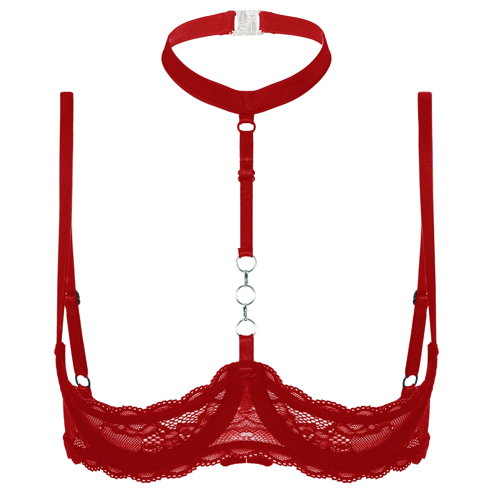 thumbnail image 1 of Lencería para mujer, sujetador de copa abierta con pecho, encaje Floral transparente, con aros, sujetadores sexis sin forro, Tops, ropa interior con cuello Halter y pecho descubierto, 1 of 5
