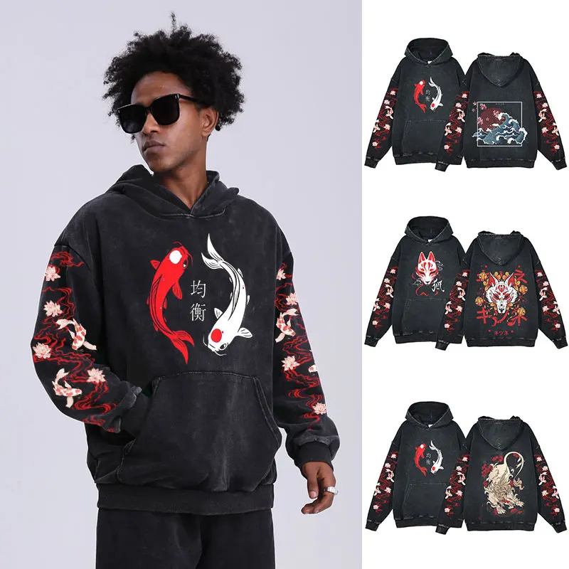 

Hip Hop Anime Hoodie Ukiyoe Print Vintage Men Acid Wash Sweatshirt Y2K Hooded Streetwear Oversized Harajuku Gothic Pullover Tops