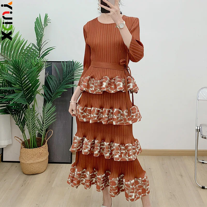 

YUDX Miyake Splicing Pleated Women's Dresses Niche Fashion Design Slim Temperament Age Reducing Cake Dress 2024 Summer New