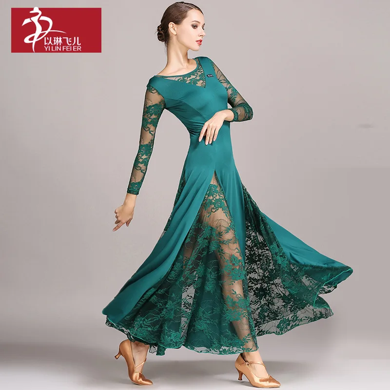 1pcs/lot lace ballroom dance dress woman long sleeves waltz tango dance dresses standard ballroom dress