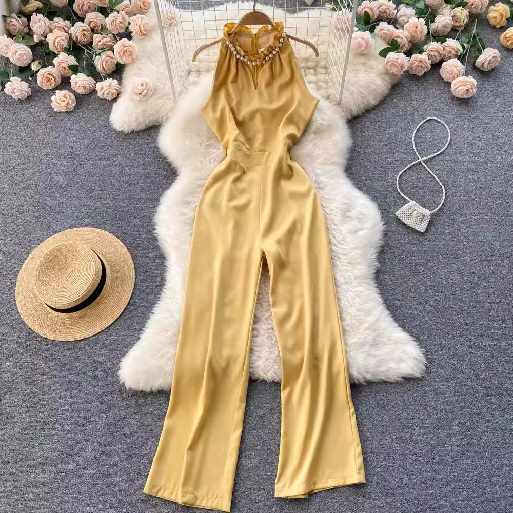 

Summer Women Fashion Elegant Casual Jumpsuit Sleeveless Vintage High Waist Wide-Leg Rompers Female Chic Playsuit Clothes