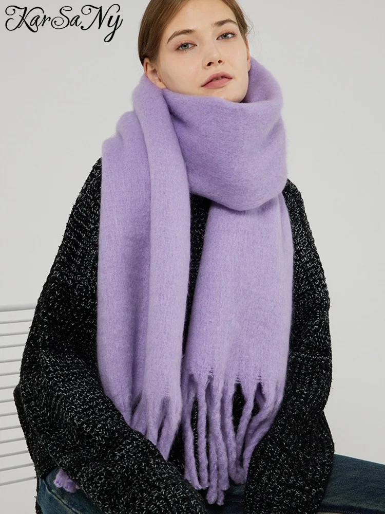 

KarSaNy Blue Mohair Scarf Women Winter Warm Tassle Soft Knitted Woolen Solid Women's Scarf Winter Woman Green