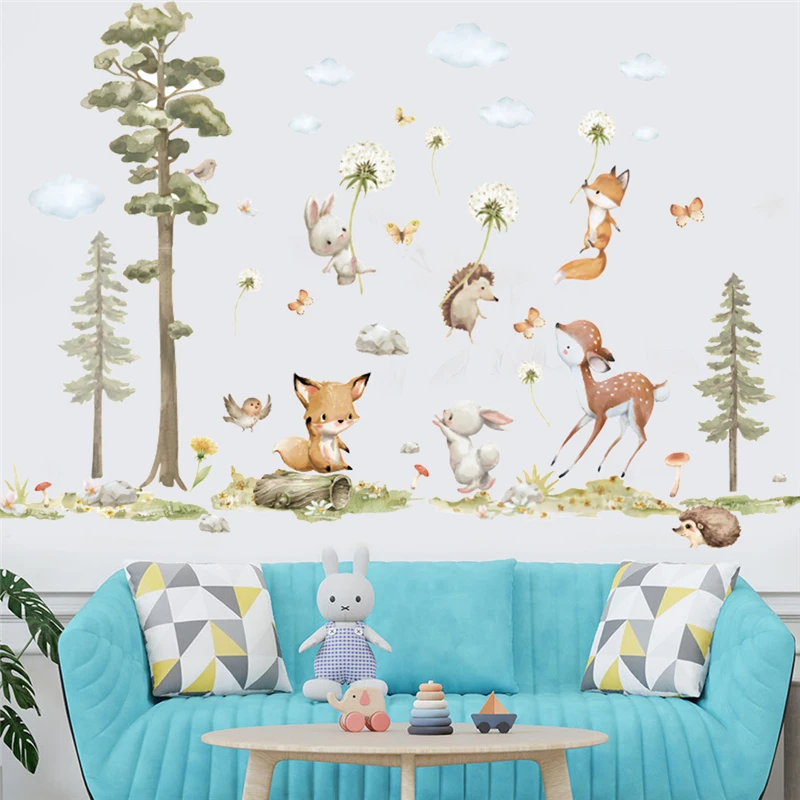 Naughty Fox Deer Rabbit Hedgehog Wall Sticker For Kids Bedroom Decoration Diy Forest Animals Mural Art Home Decals Pvc Posters