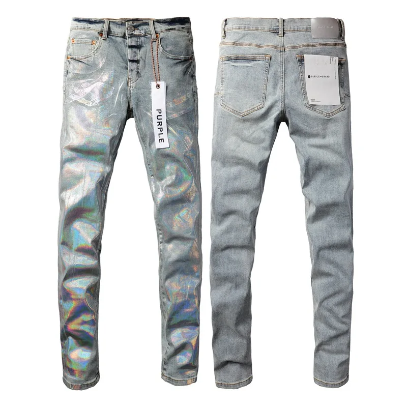 

Colorful Purple Brand Jeans with Tags for Men High Street Skinny Denim Slim Graffiti Pattern Damaged Stretch Ripped Pant Size 40