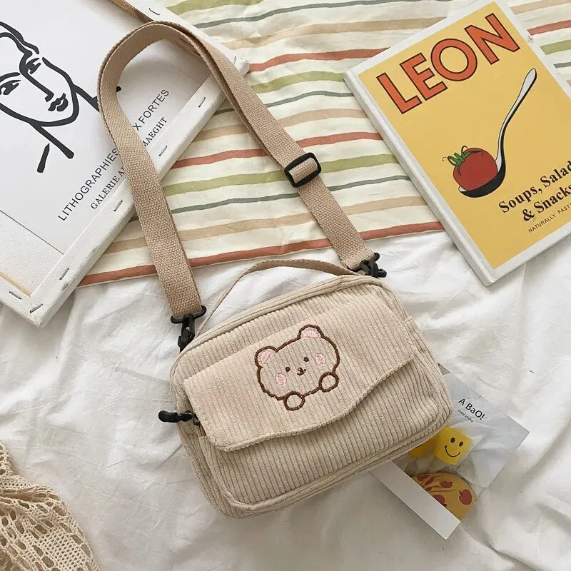 Personalized Teddy Bear Embroidered Diagonal Shoulder Corduroy Women's Crossbody Bag
