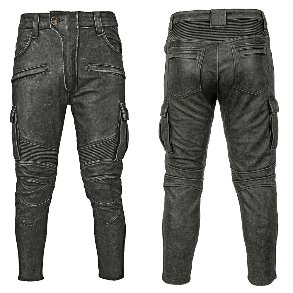 

Vintage Grey Black Motorcycle Leather Trousers Men Pant Thick Natural Cowhide Men's Motor Biker Racer Pants Asian Size