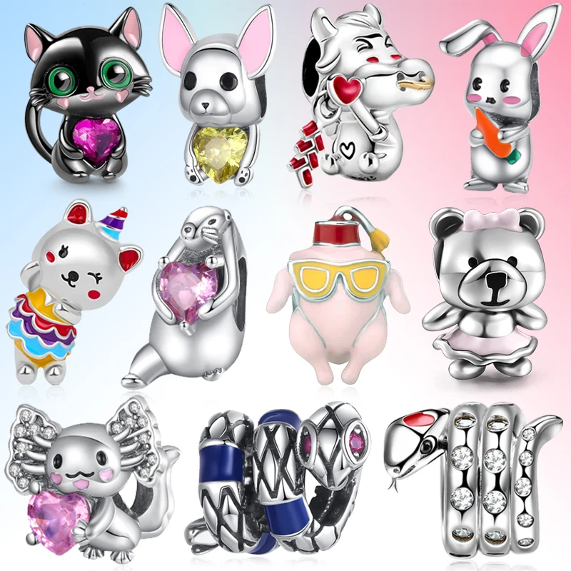 

Animal series 925 Sterling Silver rabbit Kitty snake Pendant fit Original Bracelet Hedgehog Bear bead Charm Jewelry