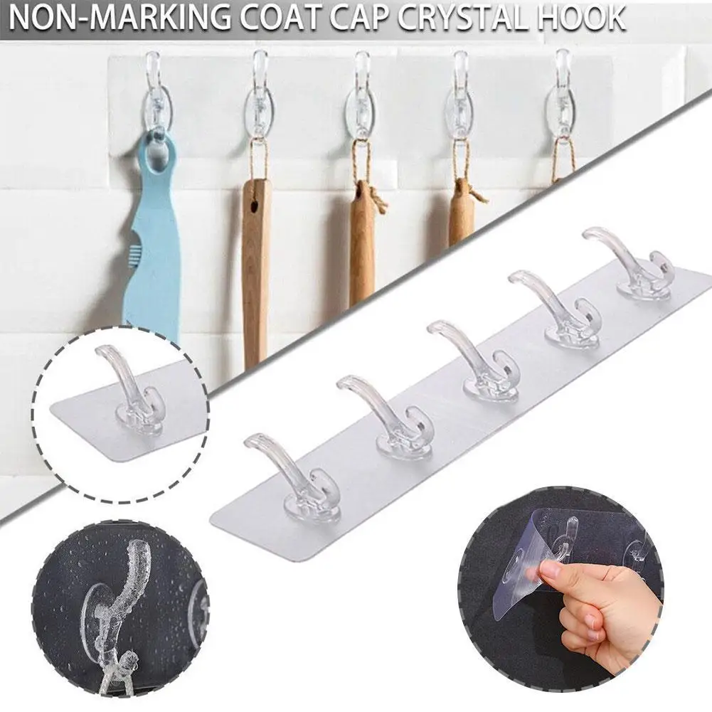 

Transparent Five Row Hanger Hook Strong Traceless Wall Home Waterproof Hanging Hooks Storage Bathroom Kitchen Hooks F5D5