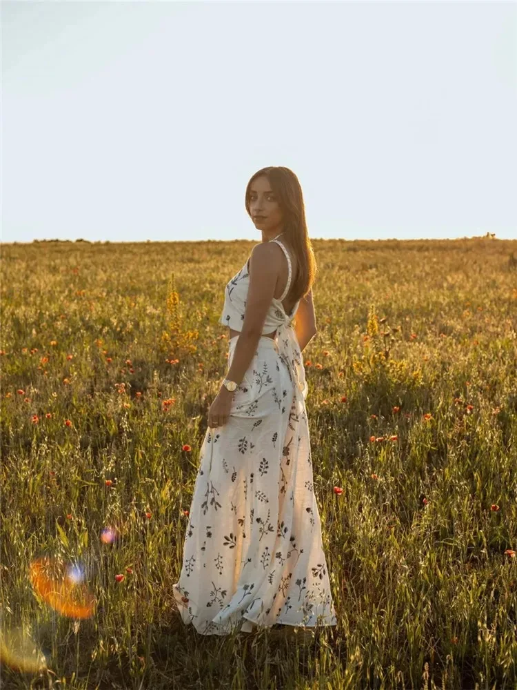 Ladies Fashion Women Summer Skirt Suits Printed Sleeveless Backless Crop Vest+Drawstring A-Line Skirt Women Two Pieces Female