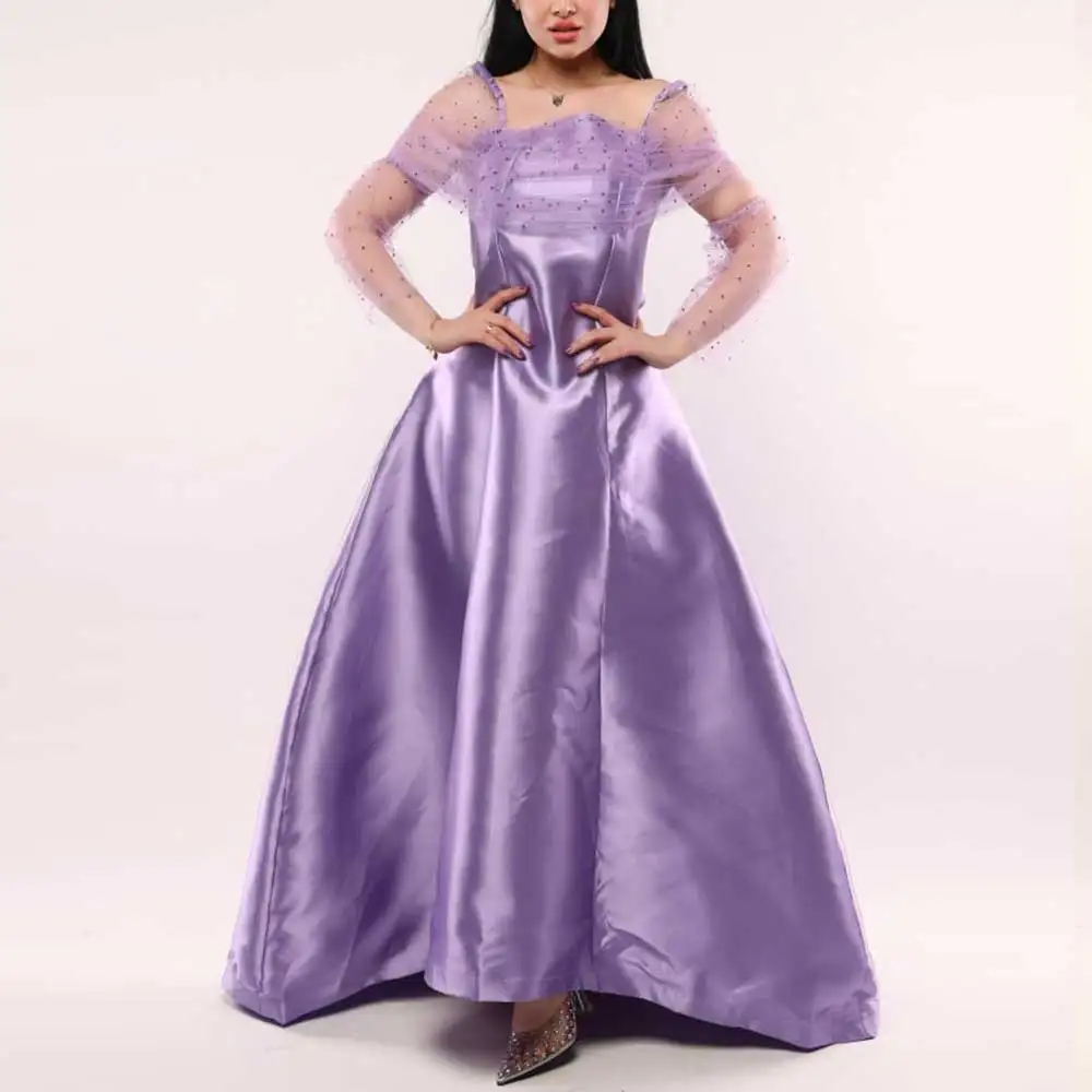 

Gorgeous Satin A-Line Evening Dress Square Neck Illusion Long Sleeved Pleated Women For Classic Solid Elegant Prom Gown