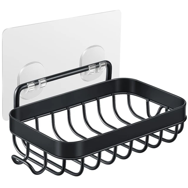 1PC Black Adhesive Soap Dish Holder, Easy Clean Drain Bar Soap