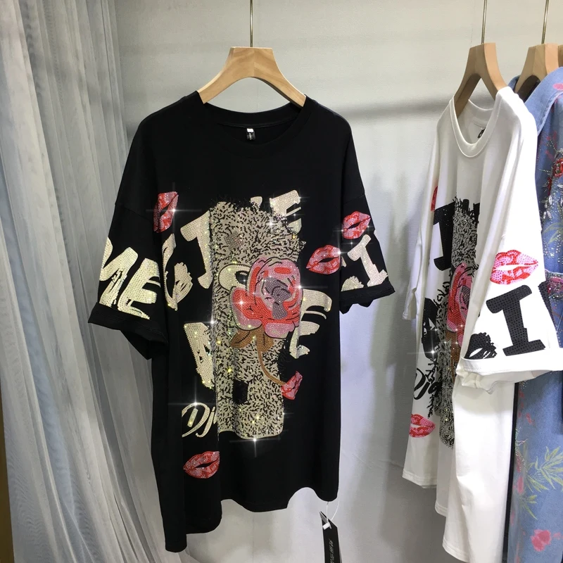 luxury-rose-bear-hot-drilling-women-tshirts-all-match-loose-o-neck-pullover-top-streetwear-mid-long-short-sleeve-cotton-tees