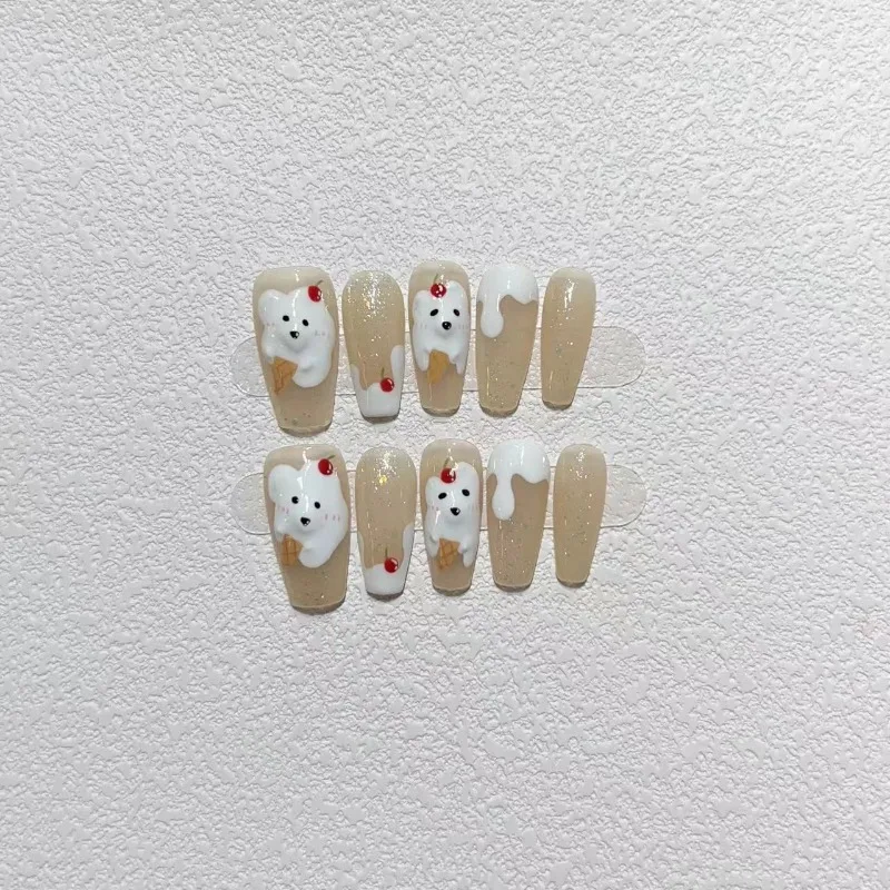 

10Pcs /Set False Nails Full Cover Fake Nail Press on Nails Diy Handmade Patch Removable Pure White Cute Puppy Cherry Ice Cream