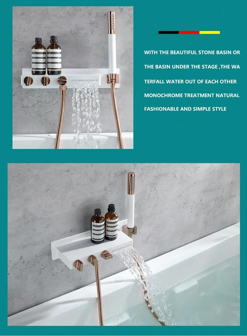 Description Picture 5 of itemBathtub Faucet Set Bathroom Wall Mounted White Rose Gold Solid Brass Big Plate Bathtub Waterfall Shower Set Newly