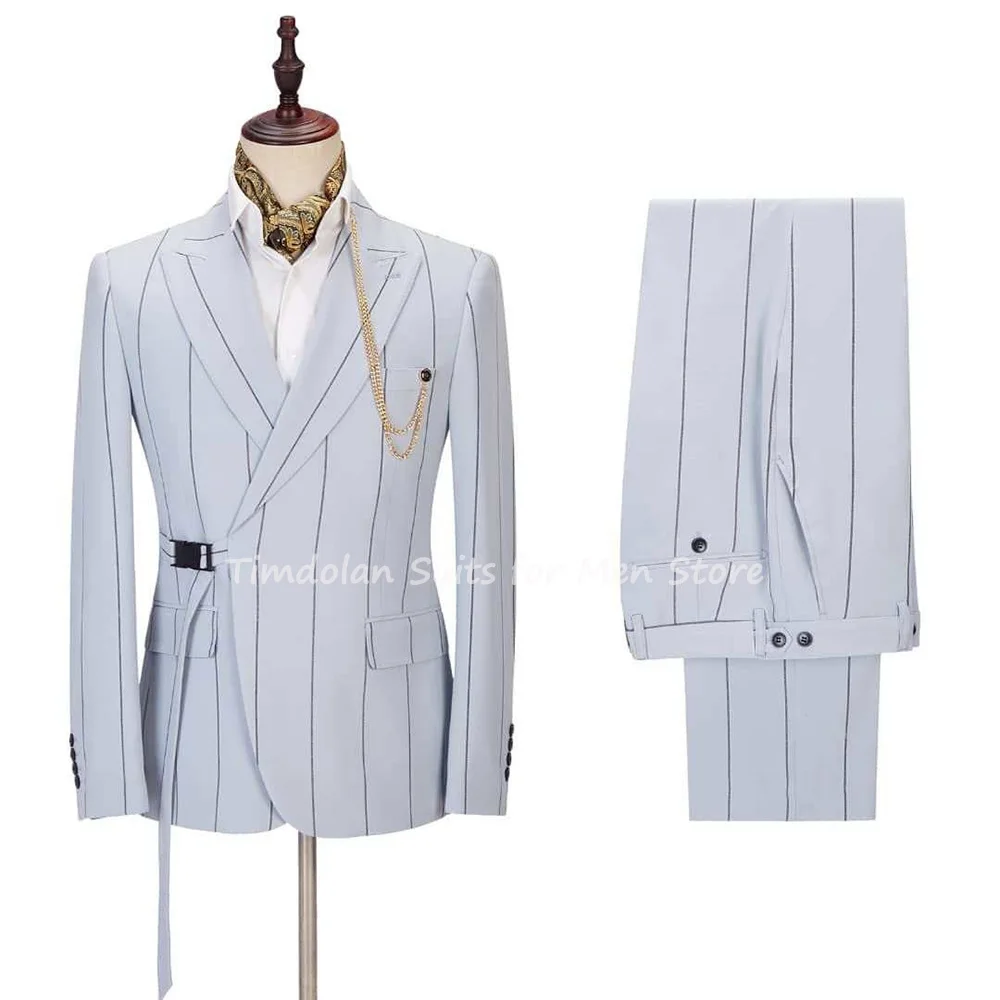 

Formal 2Pcs Grey Stripe Men's Tuxedo Peaked Lapel Groom Costume Homme Wedding Blazer Suits With Belt Party Wear Coat Jacket+Pant