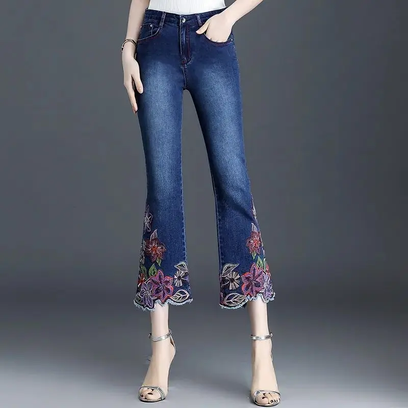 

Spring Summer Women Embroidery Flowers Flare Jeans Vintage Fashion Slim Thin High Waist Dark Blue Casual Cropped Denim Trousers