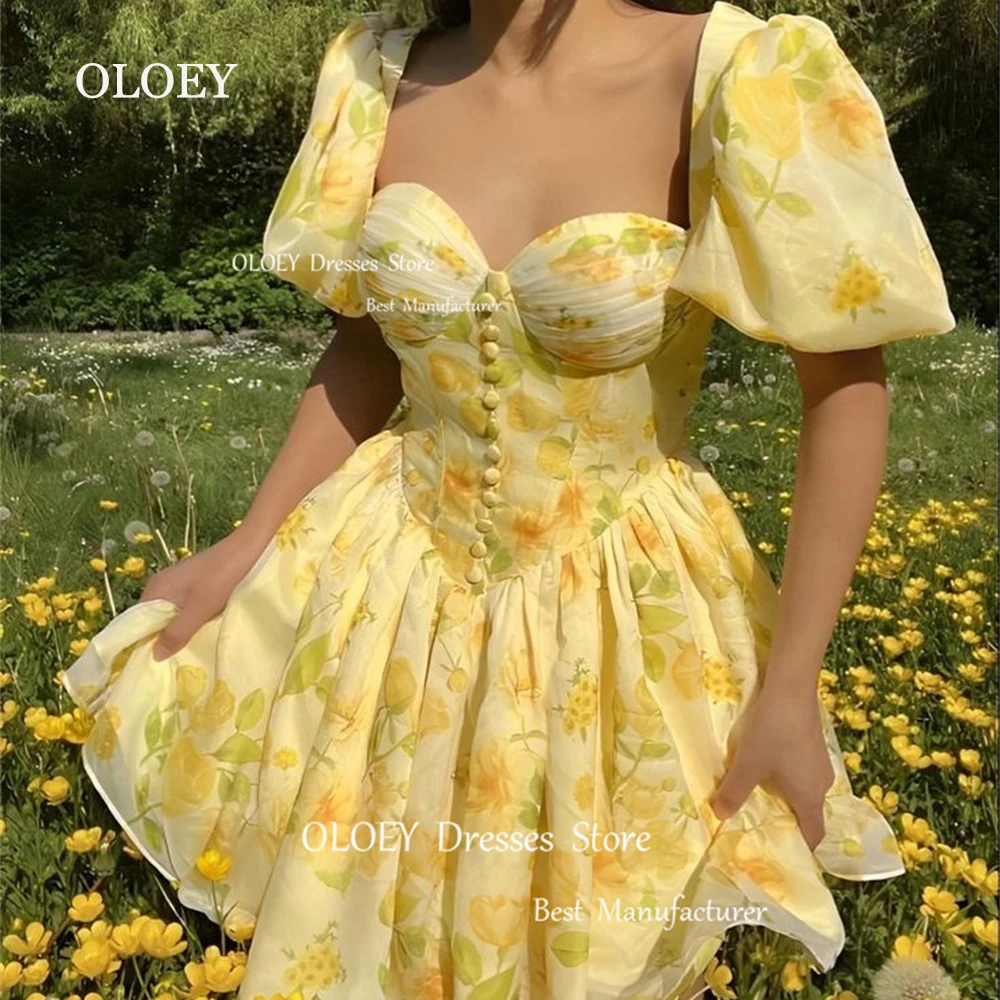 OLOEY Garden Yellow Sweetheart Short Prom Cocktail Dresses Flowers Print Women Wedding Party Dresses Beach Puff Sleeves