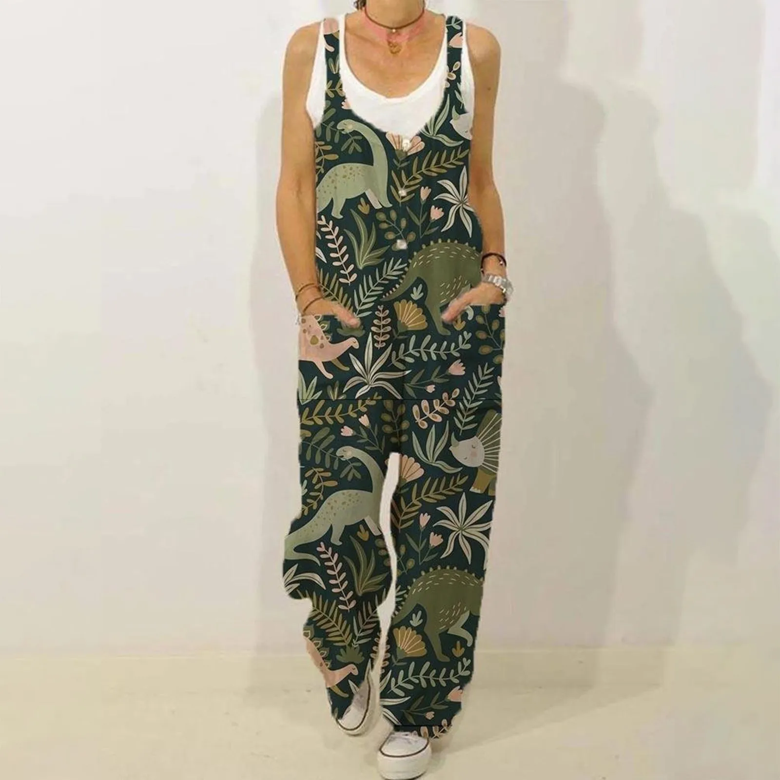 

Women's Sleeveless Jumpsuit 2023 Summer Boho Floral Wide Leg Long Pants Rompers Ladies Strap Plus Size Casual Loose Bib Trousers