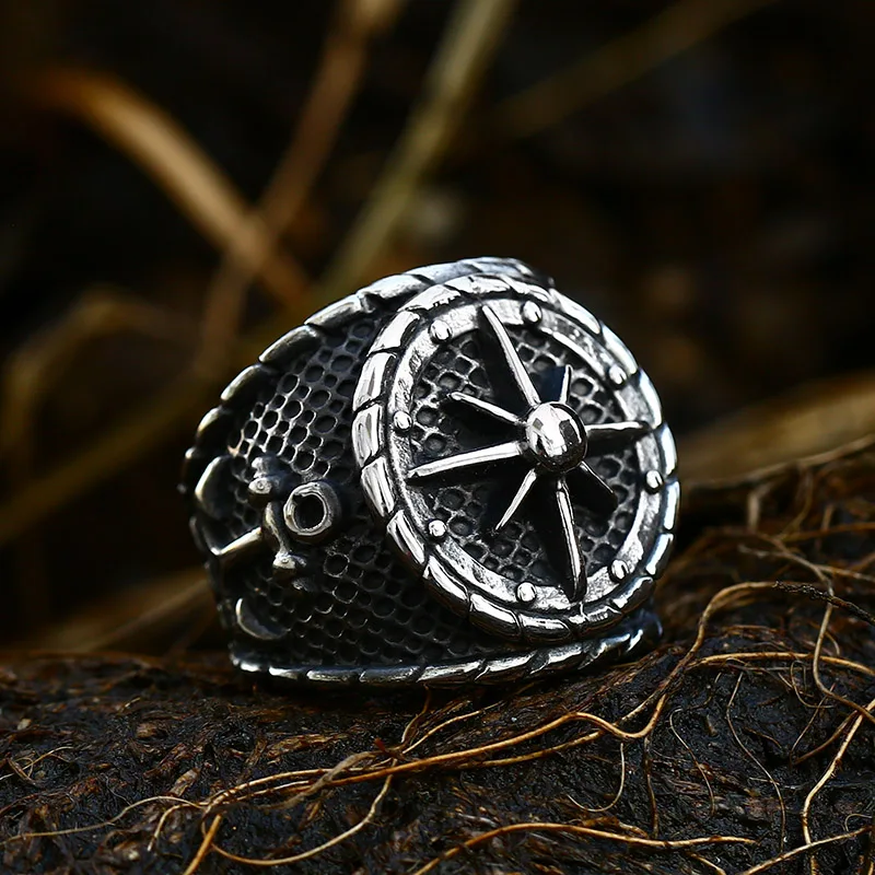 Stainless Steel Ring Finger Ring 316L Stainless Steel Viking Cross Compass Runic Pirate Men's Ring Nautical Fashion Jewelry BR8-108R