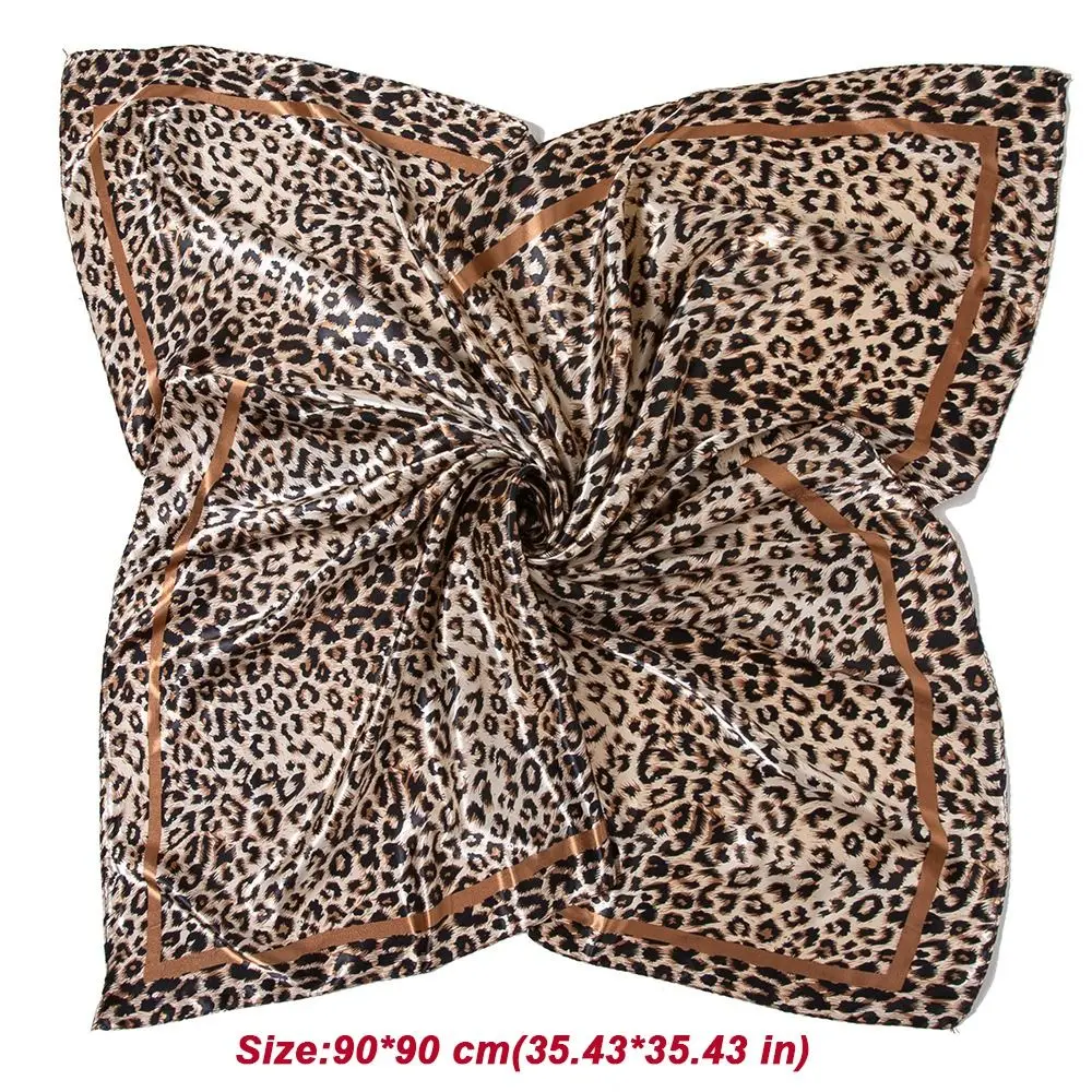 Elegant 90cm Women Square Scarf Satin Bandana Large Hijab Lady Hair Shawl Wrap Leopard Print Neck Foulard Female Neckerchief