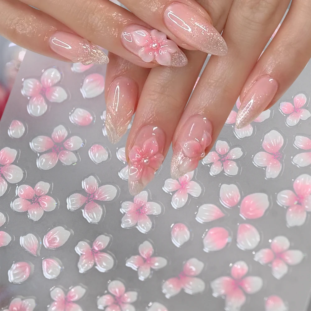 1Pc 핑크 화이트 백합 꽃 네일 스티커 봄 꽃잎 자체 접착 네일 슬라이더 DIY 그라데이션 꽃무늬 매니큐어 데칼