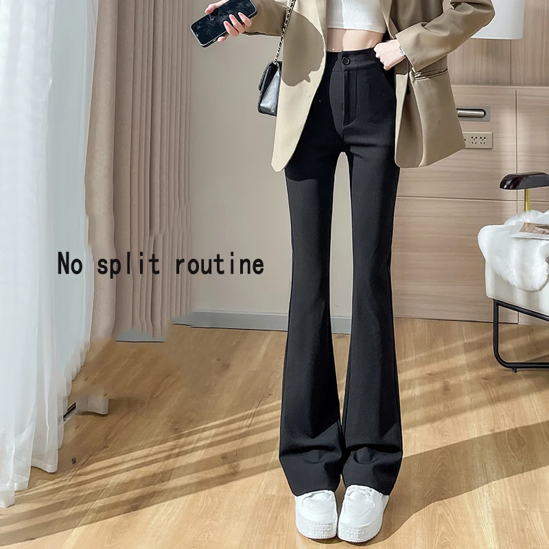 Slit Front Black Flare Pants for Women Trousers Korean Style