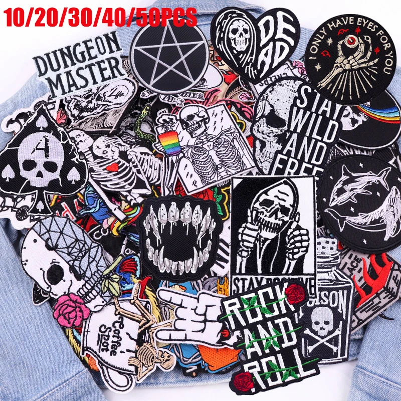 50pcs Black & White Punk Skull Iron-On Patches – Random Embroidered DIY Bundle for Jackets and Clothes