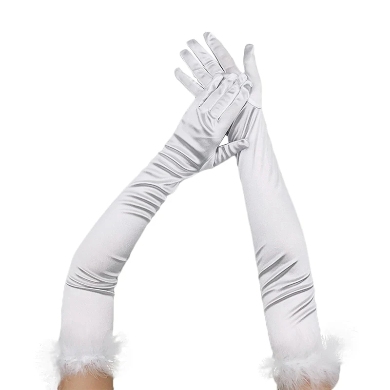 

Women Satin Finger Gloves Solid Color Feather Trim Elbow Length 1920s Opera Bridal Dance Wedding Gloves