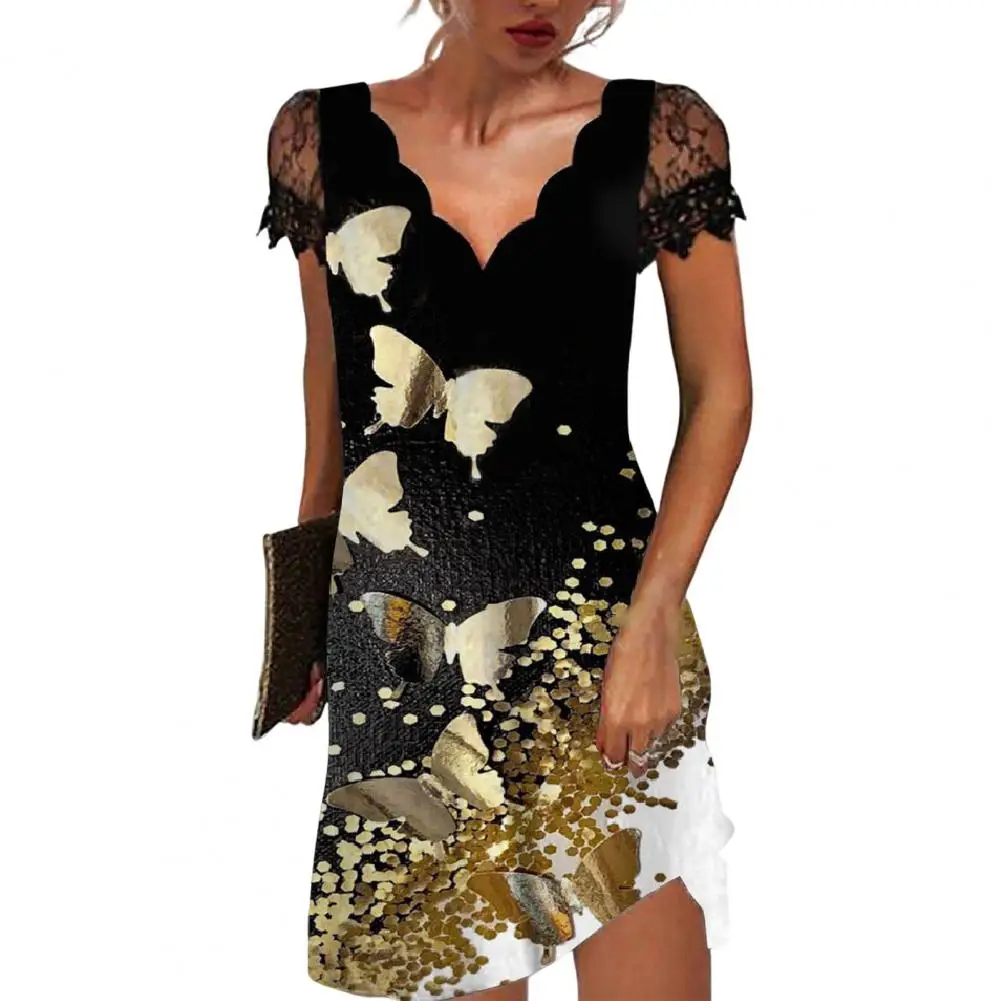 

Summer Mini Dress Elegant Lace Patchwork Floral Print V Neck A-line Mini Dress for Women for Summer Parties Dates Office Wear