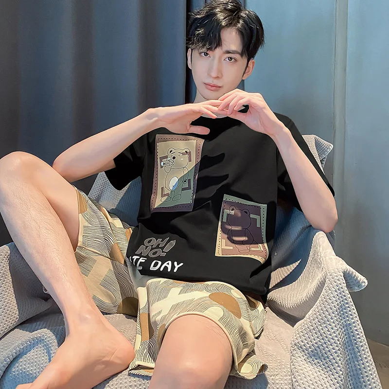 

Men's Pajamas Summer Cotton Sleep Wear Thin Shorts Set Korean Fashion Casual Male Home Clothes DropShipping