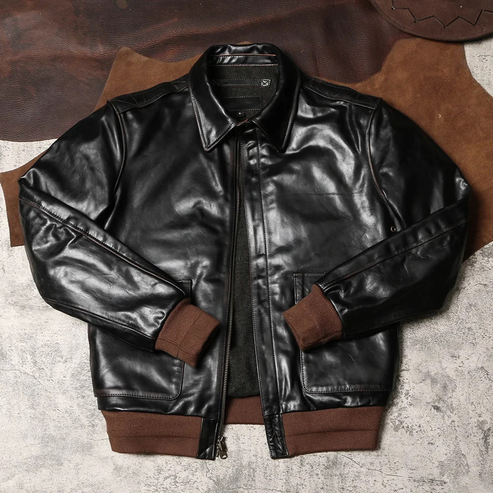 

A2 Genuine Leather Jacket, Men's Flip Collar Slim Fit Leather Jacket, Retro Distressed Tea Core Horse Leather Flying Suit