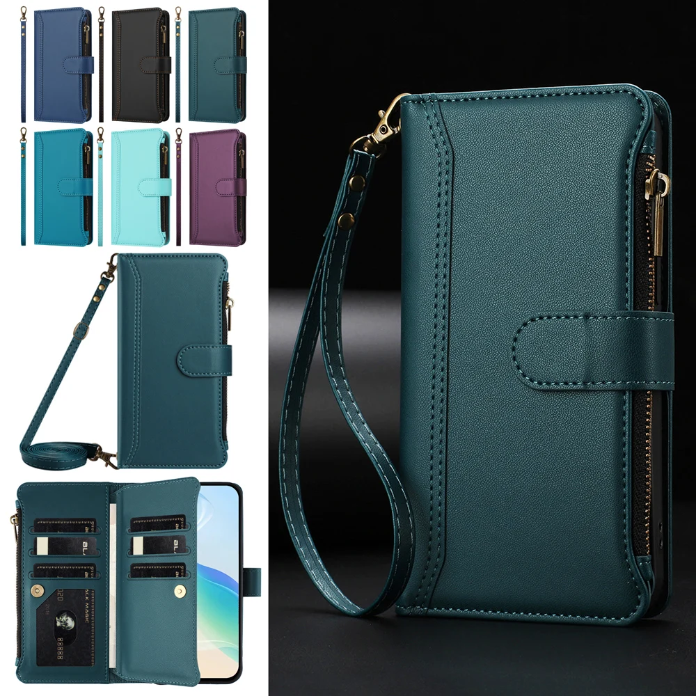 Leather Crossbody Card Wallet Phone Cover with Wrist Strap