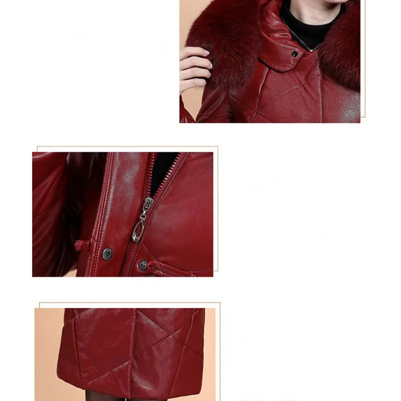 2023 Imitation Leather Down Jacket Women Mid-length Sheepskin Middle-aged Elderly Hooded Fur Clothing Coat with Fleece Thickened
