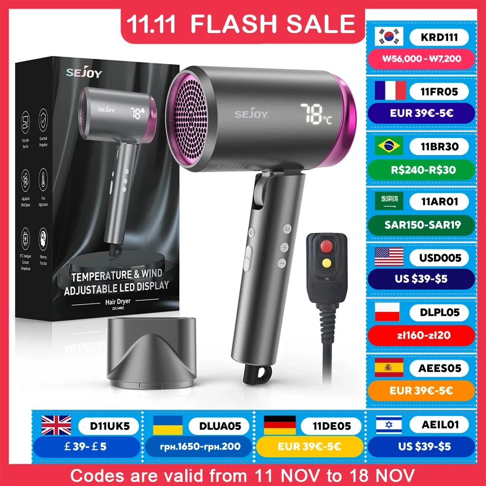 Sejoy High Speed Hair Dryer, 1800W Powerful Fast Blow Dryer, LED Display Negative Ion Hair Dryer Compact for Travel