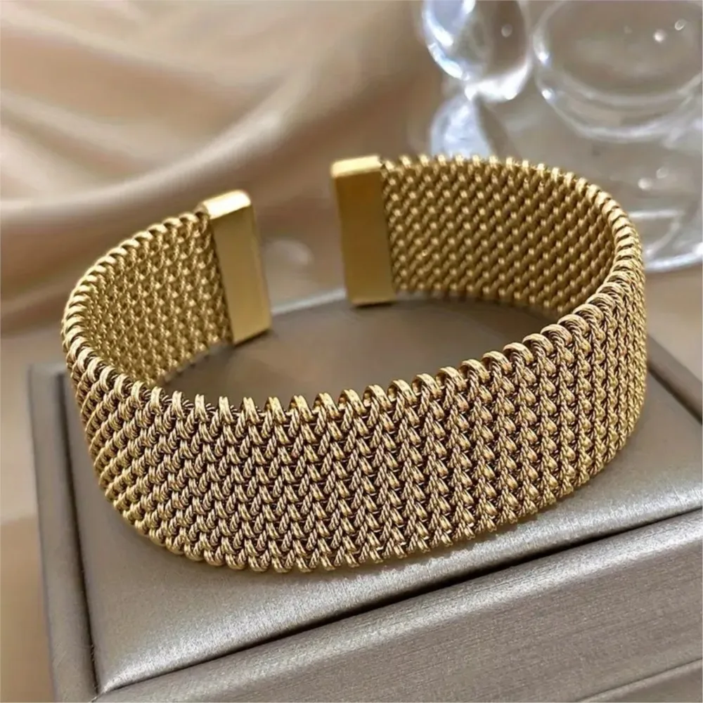 Vintage Stainless Steel Mesh Elegant Cuff Bangle for Women Trendy Stack Bangle Exquisite Jewelry for Brithday Gifts
