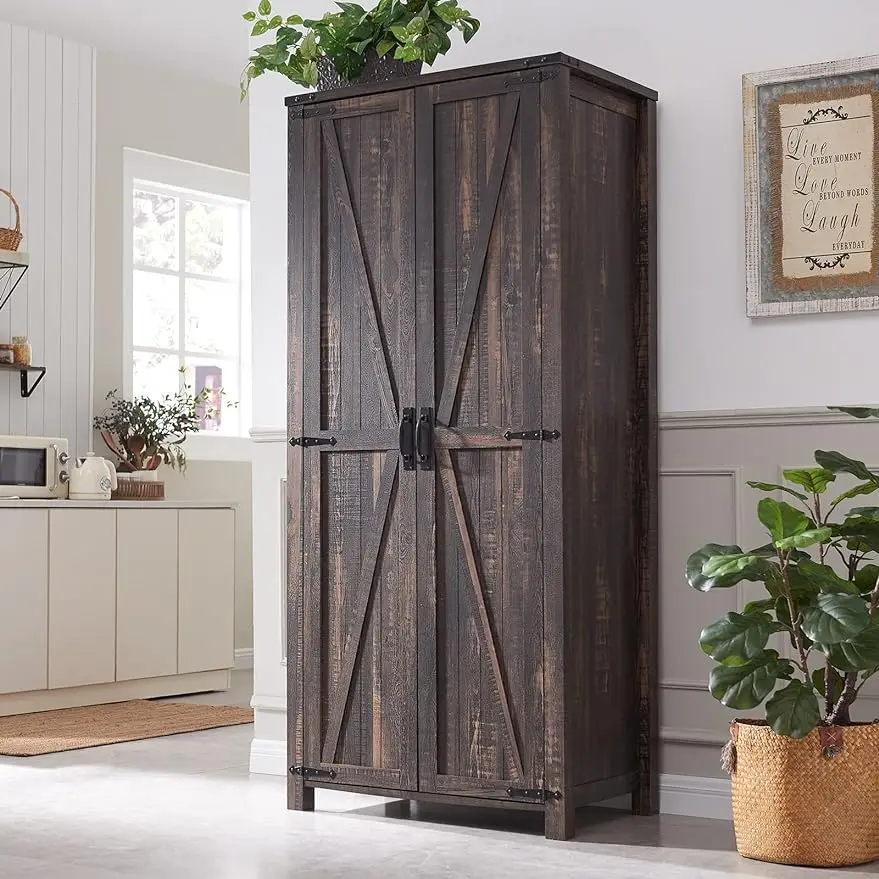 

Storage Cabinet, 16/32"W Farmhouse Armoire w/Adjustable Shelves, Rustic Pantry / 2 Barn Doors & Hanging Rod, Versatile Storage