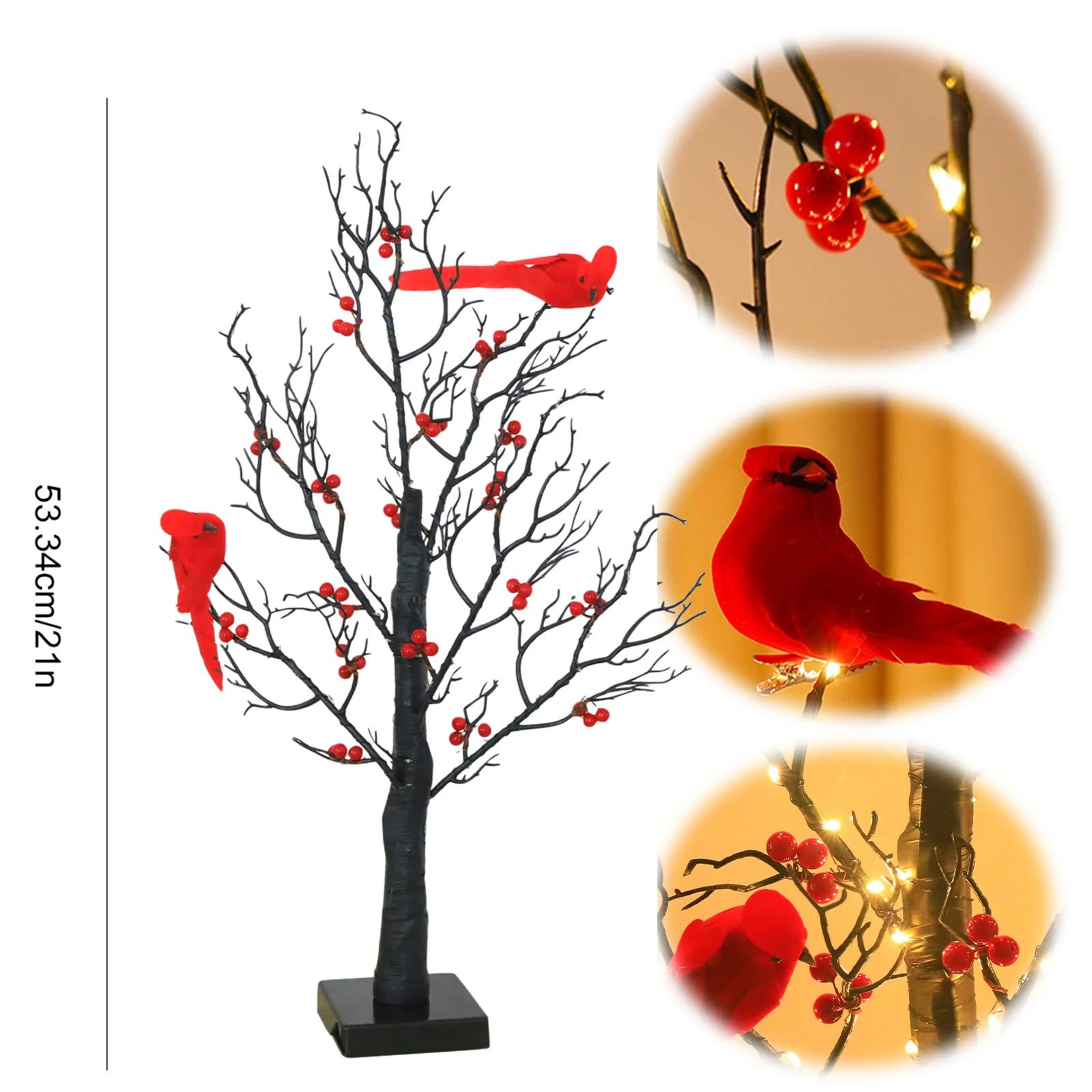 Vintage Glowing Tree with Cardinals with Red Berry LED Tree Light LED Christmas Red Berry Tree Light for Halloween Christmas