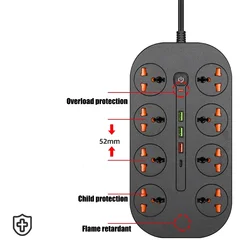 Universal Multi - Plug Power Strip with USB Type - C and Overload Protection - T22 - BLACK