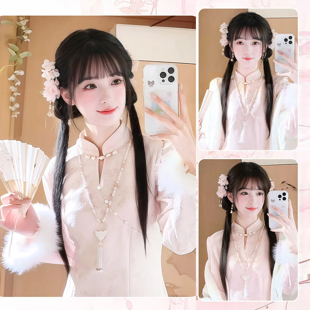 합성 신중국풍 클로 클립 메시 번 시뇽 롱 스트레이트 포니테일 자연스러운 풍성한 고대 스타일 한푸 포니테일 가발