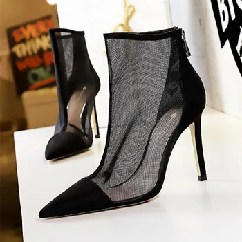 Mesh Hollow Ankle Boots for Women Pointed Toe Zipper Thin Heel Designer Modern Boots Fashion Sexy Super High Heel Women Shoes